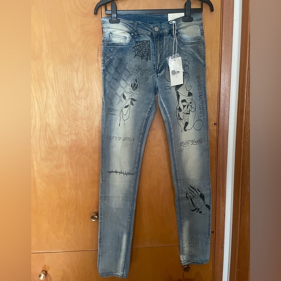 MNML Italian distressed graphic straight (Size 30) Blue Stretch-fit Jeans - Picture 2 of 13